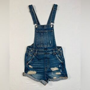 H&M Divided Distressed Denim Overalls Shortalls Size 2 Cuffed Jean